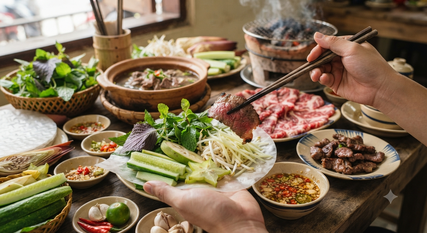 Nghệ thuật kết hợp thịt, rau và nước chấm để đạt độ hài hòa tối đa